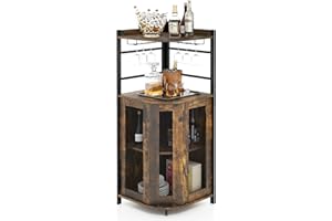 COSTWAY Mobile Bar Angolare, Mobiletto Multiuso con Porta Bicchieri, 2 Porte Ventilate in Rete Metallica e Ripiano Regolabile, per Cucina, Sala da Pranzo e Soggiorno (Marrone)