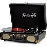 Retrolife Portable Vinyl Record Player 3 Speeds Suitcase, Vintage Black | Bluetooth Turntable, Strap, 33/45/78 RPM, Built-in