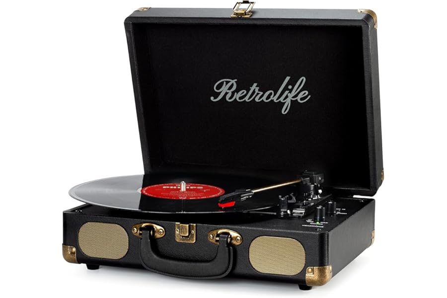 Retrolife Vinyl Record Player 3-Speed Bluetooth Suitcase Portable Belt-Driven Record Player with Built-in Speakers RCA Line Out AUX in Headphone Jack Vintage Turntable