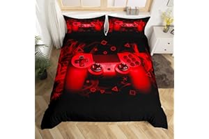 Loussiesd - Set di biancheria da letto con copripiumino per letto singolo, 2 pezzi, per ragazzi e bambini, a tema videogiochi, motivo geometrico triangolare/console/controller, morbido, nero e rosso
