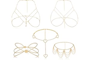 Kakonia 5pcs chaînes de corps sexy pour femmes chaînes de taille de ventre coeur strass taille chaîne réglable soutien-gorge chaînes été plage bikini corps chaînes ensemble de bijoux pour femmes