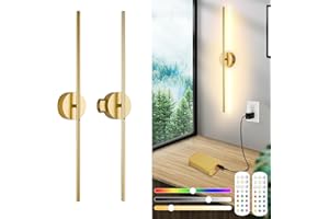 PINRUTAR Bezprzewodowa Lampa Ścienna Wnętrz Z Pilotem I Przełącznikiem Dotykowym, 2 Pack, LED Lampa Ścienna Ładowana USB, Wyjmowana Bateria 8000mah, 15 Kolorów, Obrót 360°, Timer, Złoty, 80CM