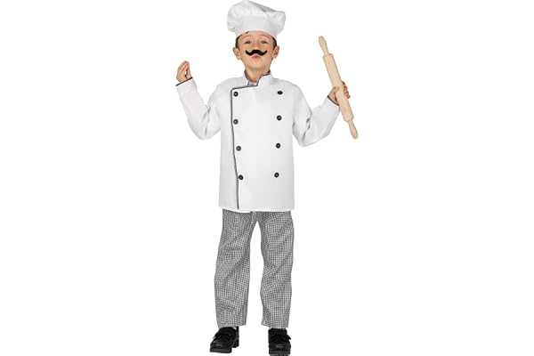 Fiestas Guirca Barnkock Kostym Unisex Storlek 5-6 År | 3-delat set | Jacka, hatt, byxor | klassisk vit look | polyester