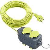 Masterplug Cable Alargador con 2 enchufes 15m, Prolongador Schuko, Extension Electico para Exterior IP44, Verde