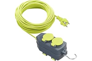 Masterplug Cable Alargador con 2 enchufes 15m, Prolongador Schuko, Extension Electico para Exterior IP44, Verde