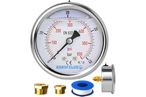 Hansfelds 0-40bar Pressure Gauge Liquid Filled 1/4'' BSP Back Mount 63mm Dial Face stainless steel case Brass Connection Dual Scale bar/psi Accuracy1.6,2Pieces Bushing reducer 1/4"to 3/8",1/4"to1/2"