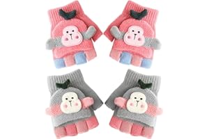 BESTZY Kids Knitted Warm Gloves, 2 Pair Child Short Hand Fingerless Gloves, Kids Cartoon Bear Warm Knitted Half Finger Fingerless Gloves Super Soft Cotton Flip Top Mittens Gifts