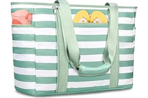 KTUEOV Bolso Playa Grande XXL Familiar, 45L Impermeable Bolso Playa Mujer con Cremallera 12 Bolsillos Saco de Praia Plegable y Lavable para Piscina, Viajes-Compartimento para Artículos Mojados