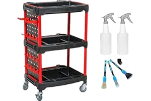 BUUMIN 3-Level Workshop Tool Trolley, Car Washing Service Cart on Wheels, Car Beauty/Wash/Wax Trolley, Heavy Duty Utility Metal Rolling Cart for Garage, Warehouse, DIY Storage Service Cart Holds up to 200KG