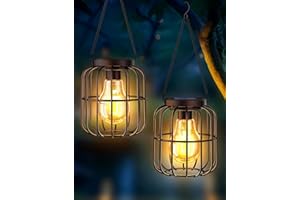 OUILA Lámparas solares para exteriores colgantes, 2 unidades, resistentes al agua, de metal, farolillos solares para exteriores, bombillas LED más grandes, lámparas solares para jardín, balcón, terraza