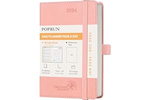 POPRUN Agenda 2024 Dia Por Pagina Pequeña 16 x 10,5 cm - Planificador 2024 A6 con Porta Boligrafos Autoadhesivo en Esquina de Arranque Fácil，Papel Certificado FSC®, Rosado