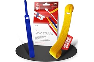 LABEL THE CABLE® BASIC STRAPS - Klett-Kabelbinder, mit Fixierschlaufe, wiederverwendbar, starke Kletthaftung, Velour Qualität, extra lang, Kabelmanagement (Gelb, Blau & Rot, 10 St)