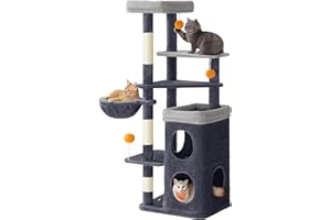 Feandrea Albero per Gatti Alto 152 cm, Tiragraffi per Gatti a Più Livelli con 2 Grotte Ampie, un’Amaca, 3 Colonne Graffiatoio, 3 Piattaforme, Grigio Scuro PCT007G02