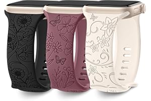 AMSKY 3 Pièces Floral Gravés Bracelets Compatible avec Bracelet Apple Watch 40mm 44mm 42mm 46mm 41mm 45mm 38mm 49mm Femme, Silicone Compatible avec iWatch Serie 11 10 9 8 7 6 5 4, SE 3 2 1