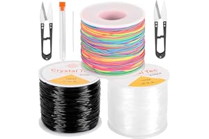 LUNEKUCK 3PCS Hilo Elástico para Pulseras Collar Abalorios 2PCS Cordón Elástico 0.8mm*50M Cuerda Cristal, Hilo Encerado para Pulseras Colores 1mm*50M, Hilo Pulseras para Bisuteria DIY con Tijera y Ajujas
