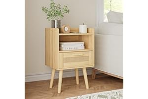 HEYZOEY Nachttisch Rattan, Beistelltisch mit Schublade, Nachtkommode mit Holz Beine für Schlafzimmer, Wohnzimmer, Natur Eiche (Yellow)