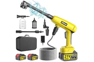 HIGHSAM Nettoyeur Haute Pression à Batterie, Max 60 Bar avec 2 x 4000mah Batteries, Pulvérisateur de Mousse, 6-en-1 Multi-Usage Buse et 180° Buse Pivotante pour Le Nettoyage et Arrosage