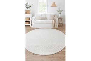 ‎MY-RUG MY-RUG gewalkter handgearbeiteter Teppich rund 150 cm aus Wolle | handgewebter Wollteppich mit Rautenmuster | Wohnzimmerteppich aus Schurwolle | Nordic Wool Natur Weiß