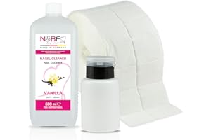 NAILS FACTORY N&BF Nagel Cleaner Set mit Duft 500ml + Dispenser Pumpflasche Schwarz 150ml + 1000 Zelletten Cellulose Pads (2 Rollen à 500 Stück) - 70% Isopropanol-Alkohol – für Gelnägel – Nagelreiniger (Vanille)
