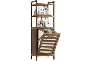 HITNET Bamboo Tilt Out Laundry Hamper, Bathroom Storage Cabinet with Hidden Removable Basket and 3 Open Shelves, Space Saving Bamboo Storage for Clothes, Towels and Toys, Walnut
