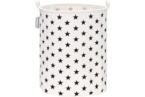 Sea Team 19.7 Inch Large Sized Waterproof Coating Ramie Cotton Fabric Folding Laundry Hamper Bucket Cylindric Burlap Canvas Storage Basket with Stylish Black Stars Design