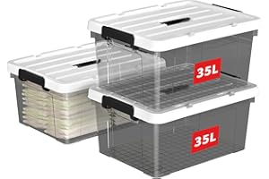 Cetomo 35L*3 Storage Boxes, Carry Plastic Storage Box with Lids, Organizing Container with Handle and Secure Latching Buckles, Stackable, Nestable, Tote Bin for Home Clothes, 35L-3Pack, Clear Black
