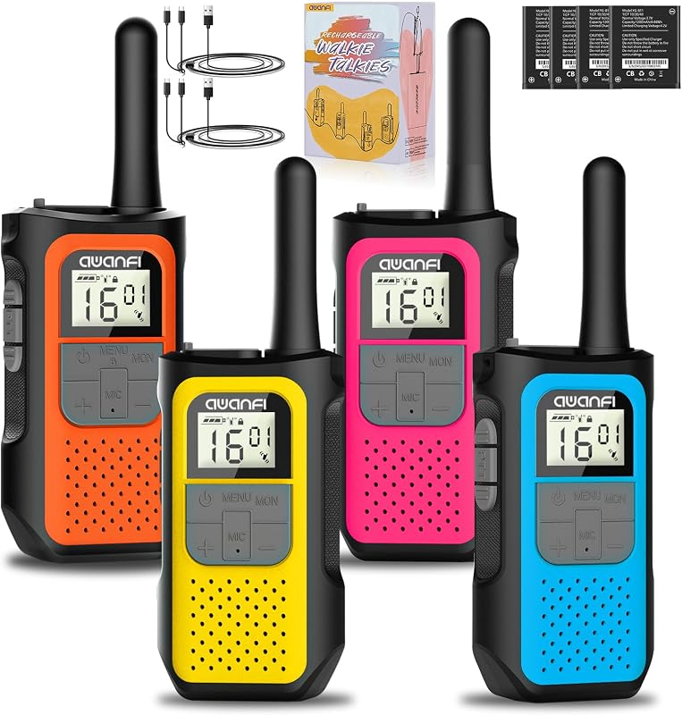 AWANFI 4 Piezas Walkie Talkie Recargable con 1200mAh Batería, Walkie Talkie para Adultos Niños, 16 Canales Walkie-Talkies con VOX, Walky Walky para Regalos Aventuras Camping Senderismo