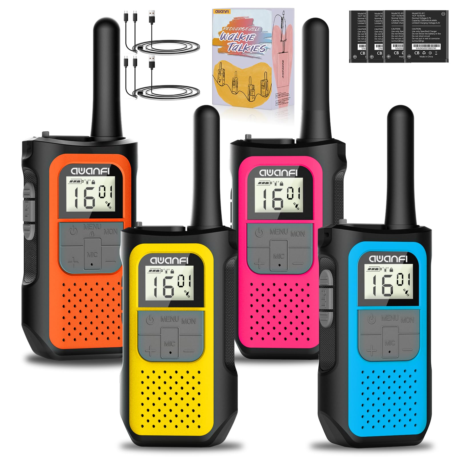 AWANFI Talkie Walkie 4 Pièces Longue Portée, Talkie-Walkie Enfants Adultes Rechargeable, Walkie Talkies USB C Batterie Lithium avec 16 Canaux pour Camping, Randonneé, Vélo, Cadeau pour Fille et Garçon - 1