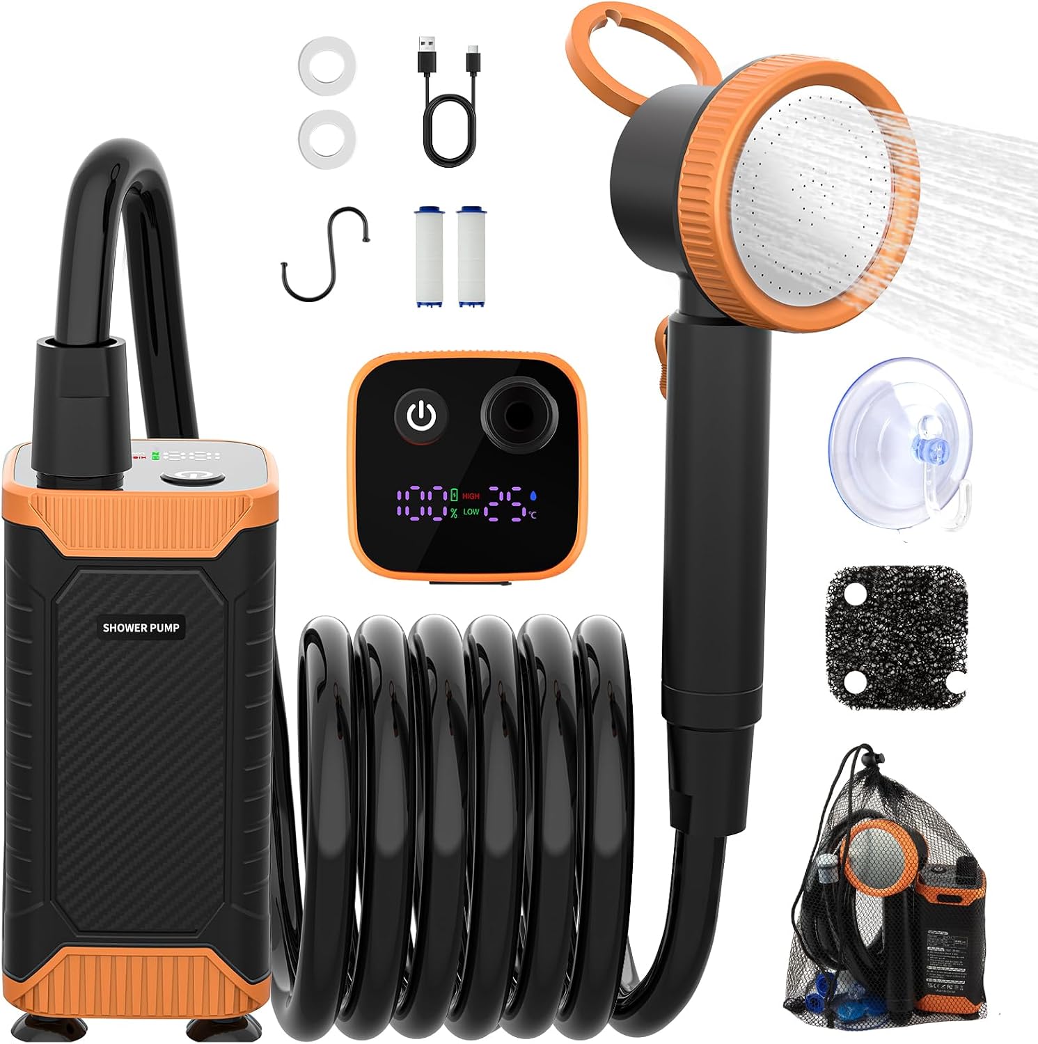 Uplayteck Ducha Portátil con Bomba, 8000mAh Ducha de Camping Portatil Recargable con IPX8 Impermeabilización y con Pantalla Temperatura, Set de Ducha Electrica para Acampar, Viajes y Playa