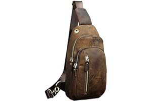 Le'aokuu Men Outdoor Casual Travel Hiking Tea Crossbody Chest Sling Bag Rig One Shoulder Strap Bag Backpack Men Leather 8005 (8005 Marron)