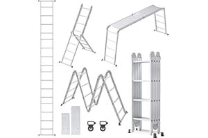 YRHome Escalera multiusos 6 en 1 de aluminio, plegable, 470 cm, con plataforma, soporta hasta 150 kg, 4 x 4 peldaños, color plateado