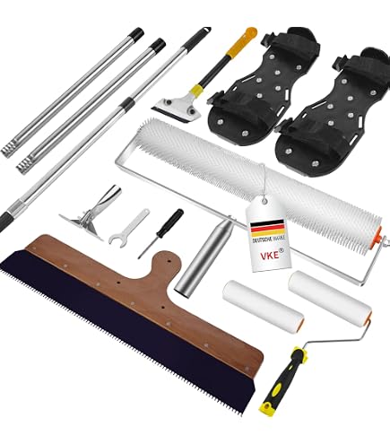 Kit Strumenti Autolivellanti Cemento - Rullo Frangibolle, Scarpe Chiodate, Asta, Spatola, Per Pavimenti