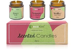 ecoKiwi Candles Gifts for Women - 3x100g - Vegan Vanilla & Sea Salt, Pomegranate & Grapefruit, Lime & Basil - Scented Candle Gift Sets for Women - Soy Wax Spa Aromatherapy Candle Set in Glass Jars
