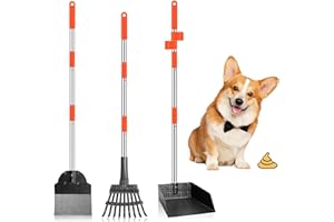 Furggis Dog Poop Scooper, Pack of 3 Dog Pooper Scooper and Rake Metal Rake Dustpan for Large Medium Small Dogs with Long Adjustable Handle Rake Waste Removal