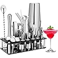 MIXDE Cocktail Shaker Set, 23-Piece Stainless Steel Bartender Kit with Acrylic Stand & Cocktail Recipes Booklet, Professional Bar Tools for Drink Mixing, Home, Bar, Party (Include 4 Whiskey Stones)