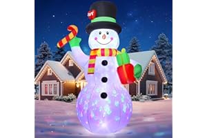 ALAMPIA 2,13 m nadmuchiwany bałwan z laską cukrową i prezentem – 7-stopowa nadmuchiwana dekoracja świąteczna do ogrodu i na podwórko, bałwan do użytku na zewnątrz z oświetleniem LED, trwały i łatwy w montażu