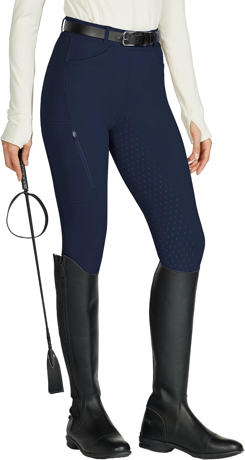 WILLIT Pantalones de equitación para mujer con ribete completo de silicona, cintura alta, elásticos, con bolsillo de cremallera, trabillas para cinturón