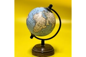 EXERZ Mini Mappamondo Antico 8cm antico con base in legno, Mappa inglese (8cm azzurro pallido)