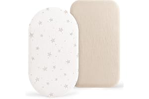 BEARMOSS Muslin Moses Basket Sheets 2 Pack - 100% Cotton Breathable Universal Fitted Bassinet Cot Sheets 83x43cm Fit for Oval Rectangle or Hourglass Bassinet Mattress (Cream Star)