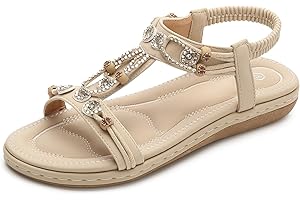 KUNWFNIX Summer Women's Flat Sandals Ladies Rhinestone Bohemian Walking Sandals Dress Shoes for Outdoor Beach Wedding