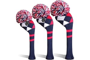 FINGER TEN DITA TEN Golf Head Covers Woods Driver Fairway Hybrid 3 pezzi, Golf Headcover Pom maglia numero 1 3 5 per uomini donne bambini anti-rughe lavabile morbido portatile colore blu rosso