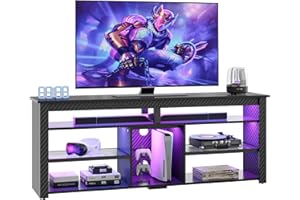 Bestier Mueble de TV televisores de 70 Pulgadas, Centro de Entretenimiento Alto con 2 Luces LED, Consola de Videojuegos con Espacio para PS5, Mueble para Sala de Estar, Fibra de Carbono Negra