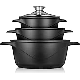 Briebe ILAG 6-Piece Induction Cookware Set, Set of 3 Non-Stick Pots | Cast aluminium, PFOA-free, set of glass caps, silicone