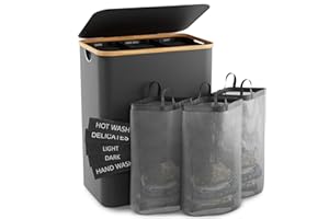 BATHOLA Wäschekorb Mit Deckel, 145L Extra Große Wäschekorb 3 Fächer Schmutzige Kleidung Korb für Wäsche Mit Abnehmbaren Wäschesäcken, Körbe für Schlafzimmer, Waschküche, Dunkelgrau