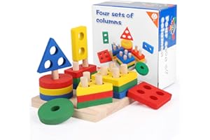 WolinTek Legno educativi del Bambino Giocattoli, Montessori Giocattoli Forme Geometriche Impilatore Giochi,Blocchi Costruzioni Puzzle di Legno,Regalo di Natale per Bambini 2 3 4 5 Anni (4 Set)