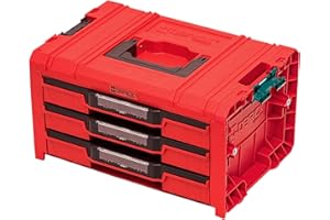 Qbrick System Pro Drawer 3 Expert Red Ultra HD walizka narzędziowa z tworzywa sztucznego, skrzynka na narzędzia z szufladami, organizer do warsztatu, kolor czerwony, 45 x 31 x 24,4 cm