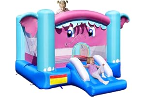 DREAMADE Château Gonflable pour Enfants 3-10 Ans avec Trampoline, Toboggan et Panier de Basket-Ball, Accessoires Abondantes(Éléphant sans Gonfleur)