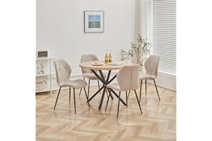 DEYARNA HOME Set Sala da Pranzo, Tavolo da Pranzo Rotondo da 100 cm con 4 Sedie da Pranzo in Tessuto di Lino， Ideale per Cucina, Soggiorno, Sala da Pranzo (Legno Chiaro+LX-Kaki)
