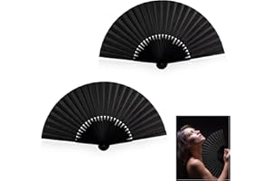 WLERTCOP Folding Hand Fan, 2 Pieces Black Silk Fabric Bamboo Ribs Hand Held Chinese Fan for Male/Female Dance Performance, Decorations, Festival, Gift, DIY Creating