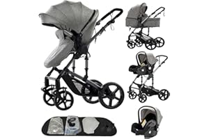 MoLi Kinderwagen 3 in 1, Kinderwagen mit Umkehrbarem Doppelschiebemodus, Buggy mit Großer Bequemer Babywanne, Kombikinderwagen 3 in 1 Rahmen Aluminiumlegierung Faltbar Hohe Landschaft (588 Grey)